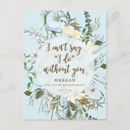 Word jij mijn bruidsmeisje kaart bord blauw bloeme (Voorkant)