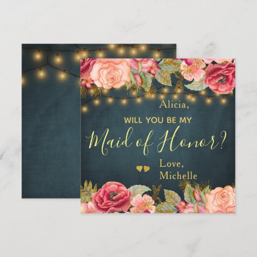 Word jij mijn bruidsmeisje met blush rozen op de m kaart (Voorkant / Achterkant)