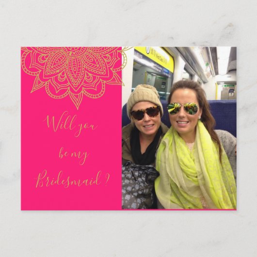 Word jij mijn bruidsmeisje roze gouden foto uitnodiging briefkaart (Voorkant)
