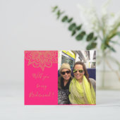 Word jij mijn bruidsmeisje roze gouden foto uitnodiging briefkaart (Staand voorkant)