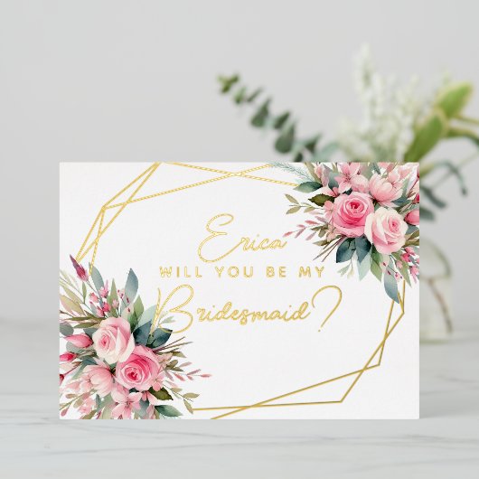 Word jij mijn bruidsmeisje? roze rozen folie uitnodiging (Staand Voorkant)