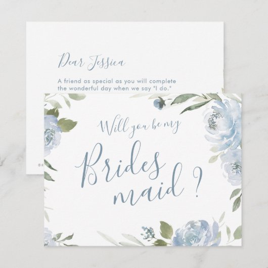 Word jij mijn bruidsmeisje stoffige blauwe bloemen kaart (Voorkant / Achterkant)