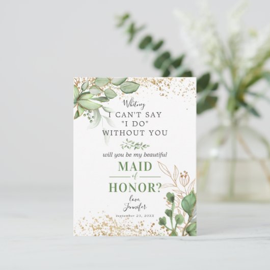Word jij mijn Maid of Honor? | Greenery Gold Kaart (Staand voorkant)