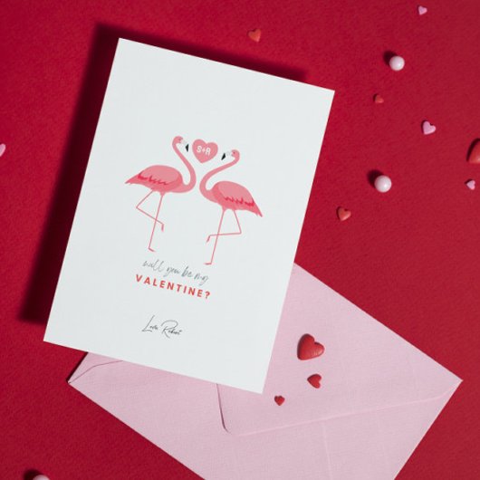 Word jij mijn Valentijn, roze witte flamingo Kaart