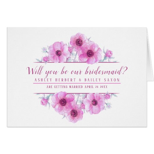 Word jij onze bruidsmeisje roze bloemen kaart? (Voorkant Horizontaal)