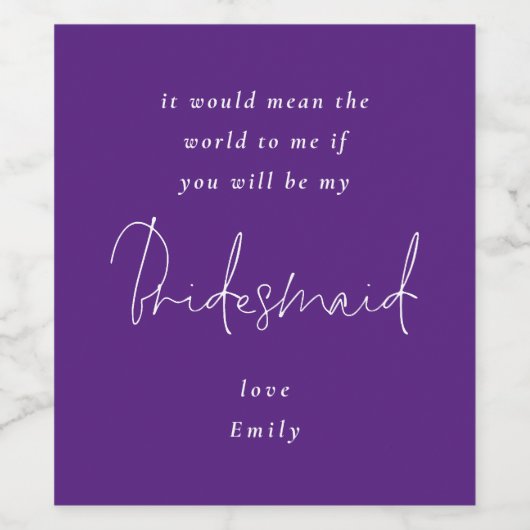 Word mijn Bridesmaid White Script Paars Wijn Etiket (Enkel label)