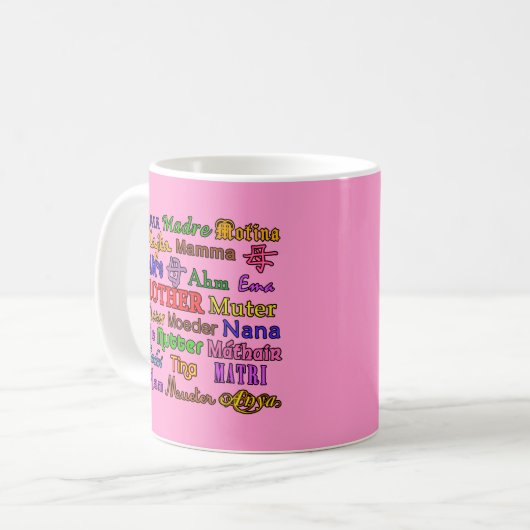Word Moeder in veel talen Koffiemok (Voorkant links)