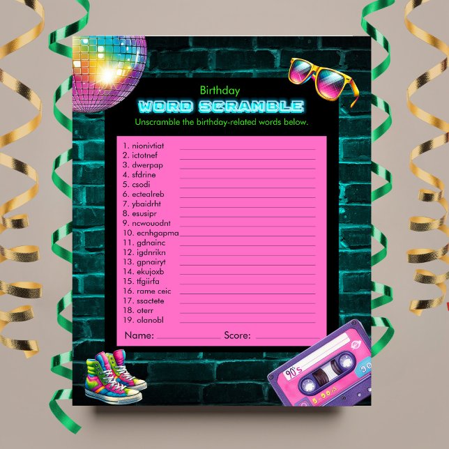 Word Scramble 90s Neon Disco Verjaardagsspel (Creator heeft geüpload)
