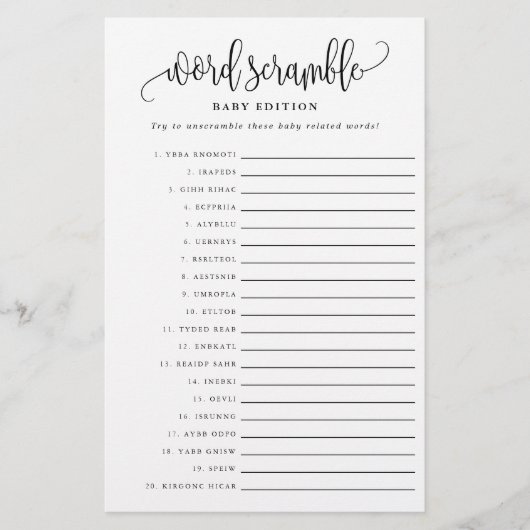 Word Scramble Baby Edition Paper Game Kaart (Voorkant)