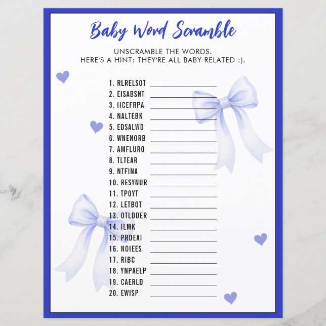 Word Scramble Baby Shower Game Blue Bow Ribbon (Voorkant)