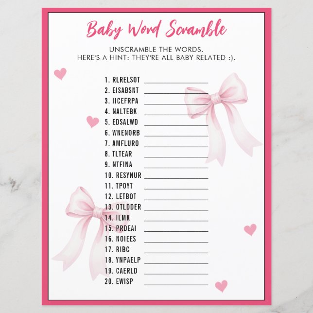 Word Scramble Baby Shower Game Pink Bow Ribbon (Voorkant)