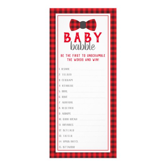 Word Scramble Baby shower spel, Buffalo Reclamekaart (Voorkant)