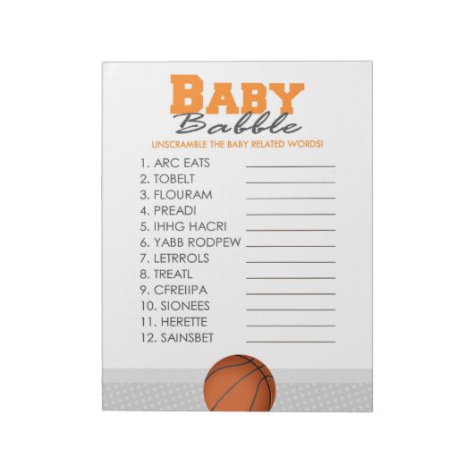 Word Scramble Basketbal Baby shower Game Pack Notitieblok (Linkerzijde)