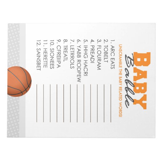 Word Scramble Basketbal Baby shower Game Pack Notitieblok (Voorkant)