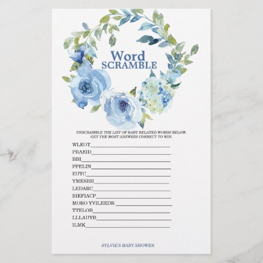 Word Scramble Blue Boy Baby shower Game (Voorkant)