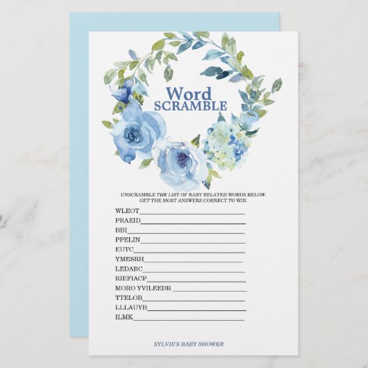 Word Scramble Blue Boy Baby shower Game (Voorkant / Achterkant)