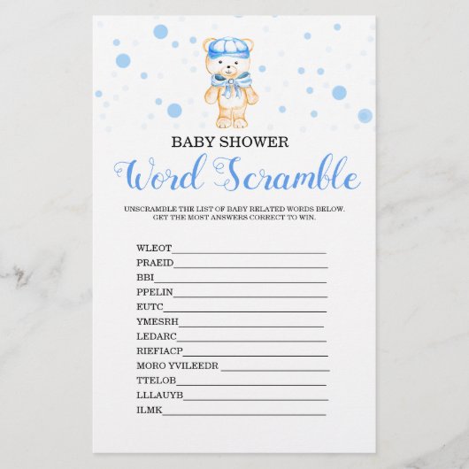 Word Scramble Blue Boy Baby shower Game (Voorkant)