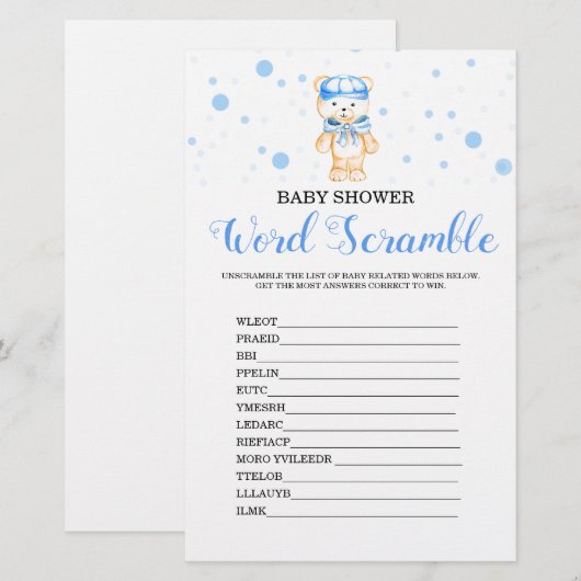Word Scramble Blue Boy Baby shower Game (Voorkant / Achterkant)