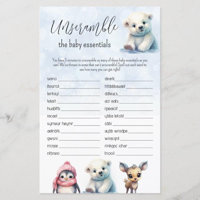 Word Scramble Blue Winter Boy Baby shower Spel (Voorkant)