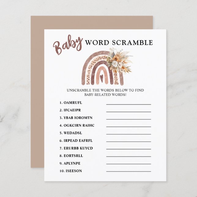 Word Scramble | Boho Rainbow Baby shower spel (Voorkant / Achterkant)