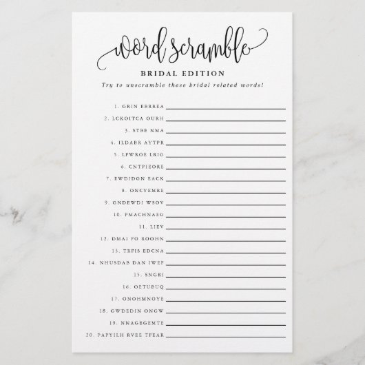 Word Scramble Bridal Edition Paper Game Kaart (Voorkant)