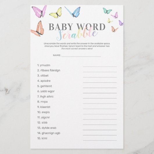 Word Scramble Butterfly Baby shower Game (Voorkant)