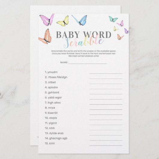 Word Scramble Butterfly Baby shower Game (Voorkant / Achterkant)