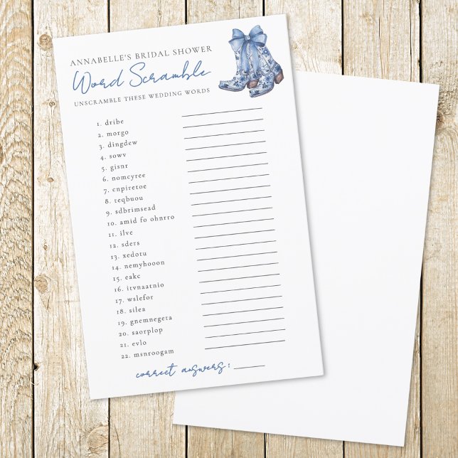 Word Scramble Country Bow Cowboy Vrijgezellenfeest (Word Scramble Country Bow Cowboy Bridal Shower)