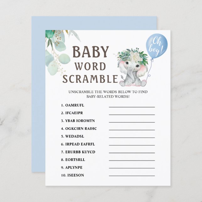 Word Scramble | Elephant Balloon Baby shower spel (Voorkant / Achterkant)