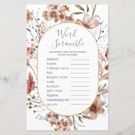 Word Scramble Game Autumn Wildbloemen Sign. (Voorkant)