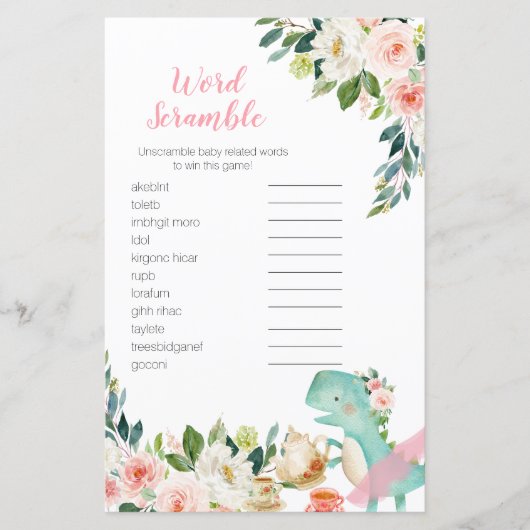 Word Scramble Game Dinosaur Tea Party Baby shower (Voorkant)