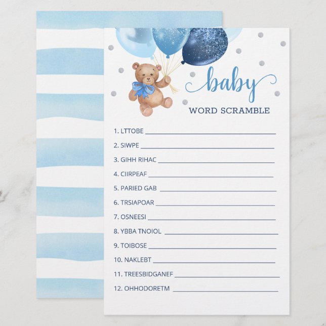 Word Scramble Game for the Baby shower Teddy Bear (Voorkant / Achterkant)