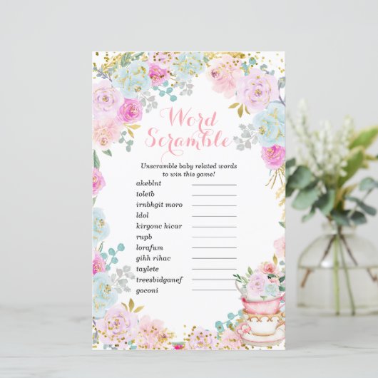 Word Scramble Game Tea Party Pastel Floral (Staand voorkant)