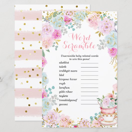 Word Scramble Game Tea Party Pastel Floral (Voorkant / Achterkant)