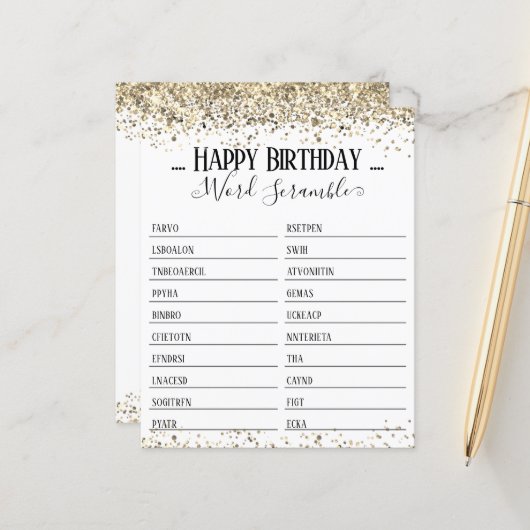 Word Scramble Game van Birthday Party (Voorkant / Achterkant in situ)