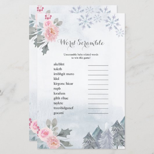 Word Scramble Game Winter Floral Snowflakes (Voorkant / Achterkant)