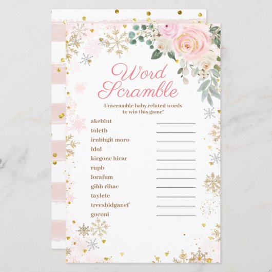 Word Scramble Game Winter Pink Floral Snowflakes (Voorkant / Achterkant)