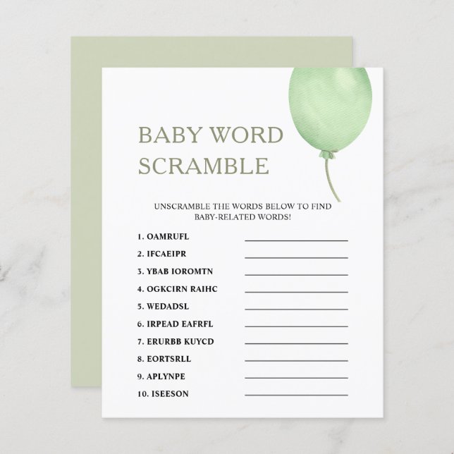 Word Scramble | Groene ballon Baby shower spel (Voorkant / Achterkant)