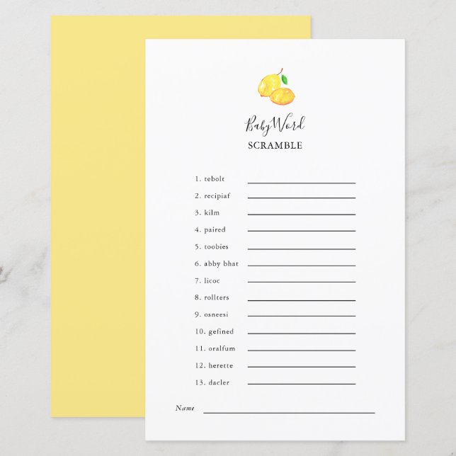 Word Scramble Lemon Baby shower Game Elegant (Voorkant / Achterkant)