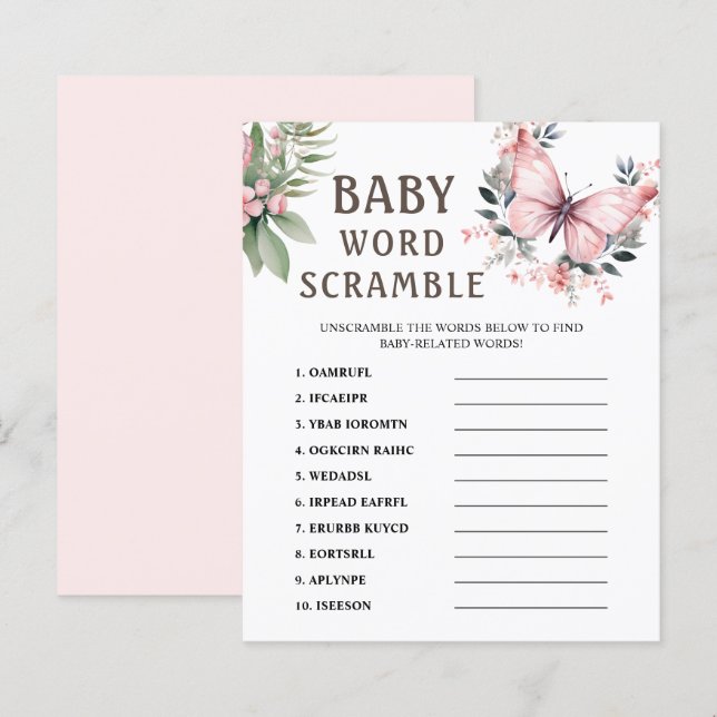 Word Scramble | Pink Butterfly Baby shower Game (Voorkant / Achterkant)