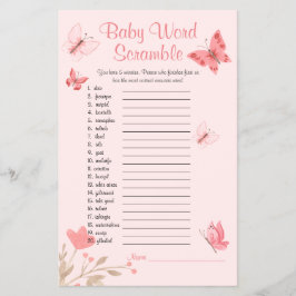 Word Scramble roze vlinders Baby shower spel Flyer