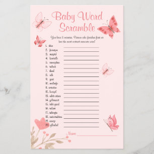 Word Scramble roze vlinders Baby shower spel Flyer
