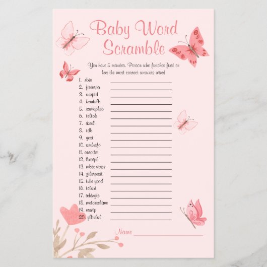 Word Scramble roze vlinders Baby shower spel Flyer (Voorkant)