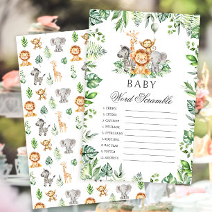 Word Scramble Safari Animals baby shower spelletje
