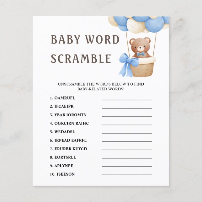 Word Scramble | Schattige Beer Balloon Baby shower (Voorkant)