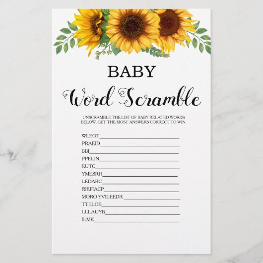 Word Scramble Sunflower Baby shower Game (Voorkant)