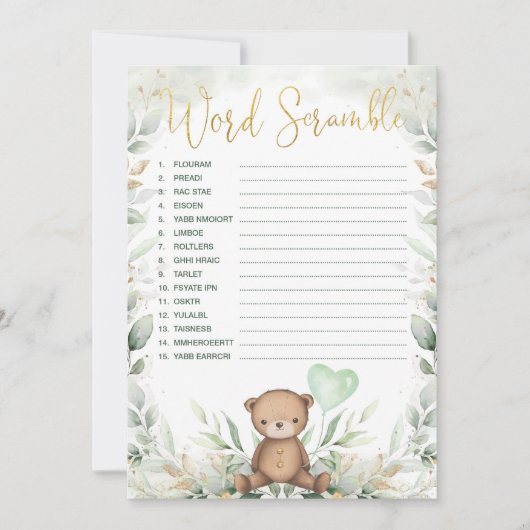 Word Scramble Teddy Bear Greenery Baby shower Game Kaart (Voorkant)