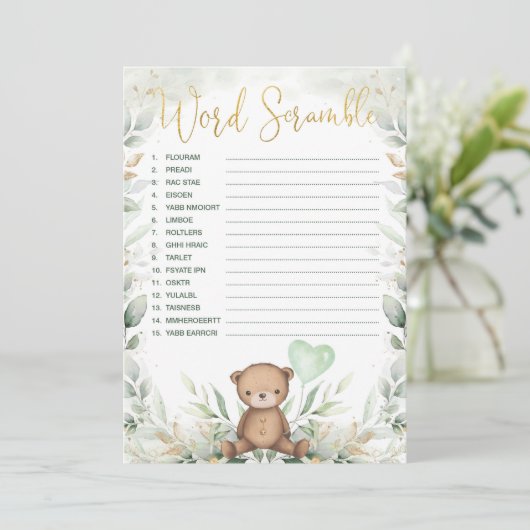 Word Scramble Teddy Bear Greenery Baby shower Game Kaart (Staand voorkant)