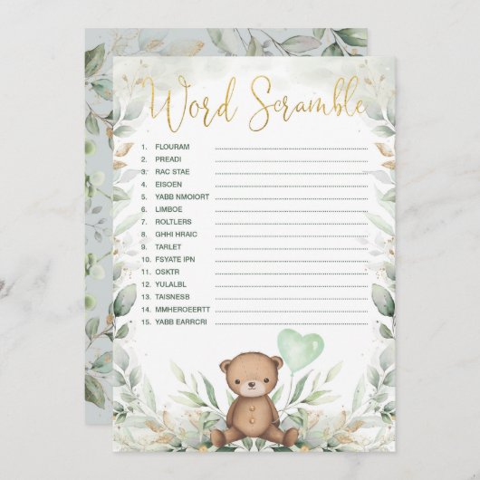 Word Scramble Teddy Bear Greenery Baby shower Game Kaart (Voorkant / Achterkant)