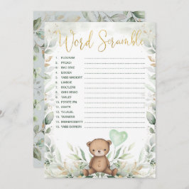 Word Scramble Teddy Bear Greenery Baby shower Game Kaart